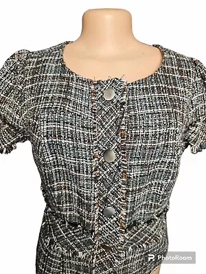 Mossimo Womens Jacket Size M Green Tweed Button Up Blazer Short Sleeve Workwear • $15.99