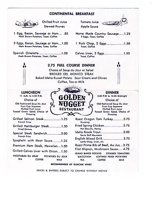 1950's Golden Nugget Las Vegas Menu 8x10 Glossy Reprint  Vintage • $5.95