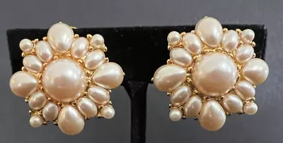 Vintage MONET Chunky Gold Tone Faux Pearl Clip-on Earrings Signed  • $9.99