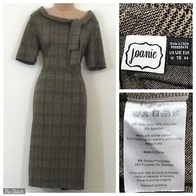 Joanie Tie Neck Tartan Check Vintage Style Work Office Wiggle Midi Dress U.K. 16 • £24.99