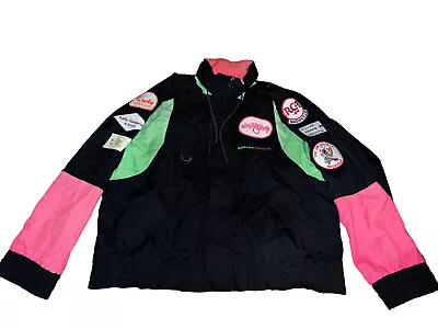 Vintage Style Auto Zip Up Racing Jacket Hood Men's XL (7) Patches Sewn Neon • $68.99