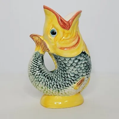 Vintage Portugese Majolica Yellow Green Ceramic Fish Water Jug Pitcher 8.5  Tall • $55.01