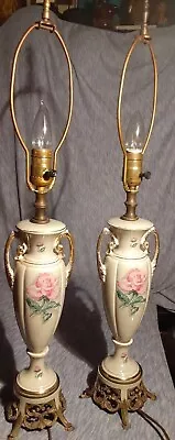 Pr Vintage Porcelain Rose Lamps 24k Gold Decorated Handles Ornate  Filigree Base • $399