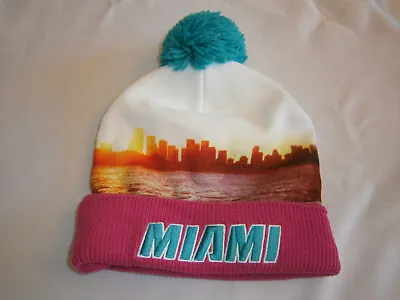 Mitchell & Ness Miami Skyline Pom Pom Cuffed Knit Winter Hat Pink Multi-Color • $14.99