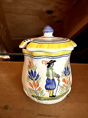 Henriot Quimper Breton Man Mustard Pot French Art Pottery Lidded Honey Jam Jar • $60