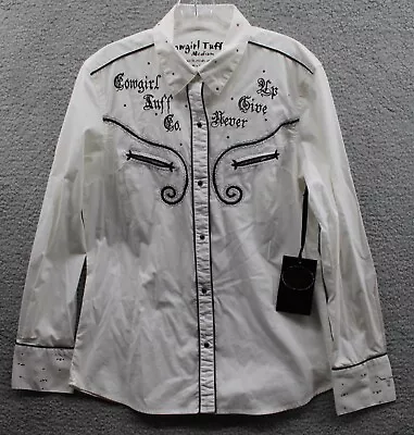 NWT Cowgirl Tuff Co. Shirt Womens Med. White/Black Trim Long Sleeve Snap Pockets • $39.98