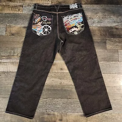 Artful Dodger Jeans 40x33 Black Denim Embroidered Y2K Baggy Hip Hop • $59.99