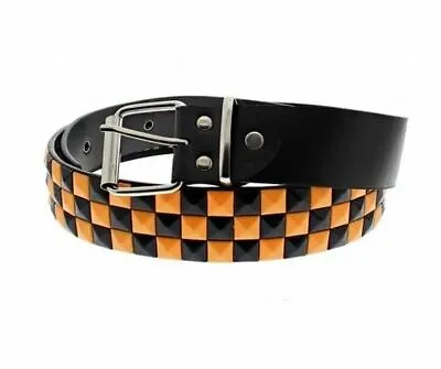 Unisex 3 Row Pyramid Studded Belt Black And Neon Orange Check - One Size • £13.95