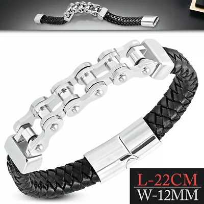 Stainless Steel Silver-Tone Bike Chain Black Leather Braided Bracelet • $24.99