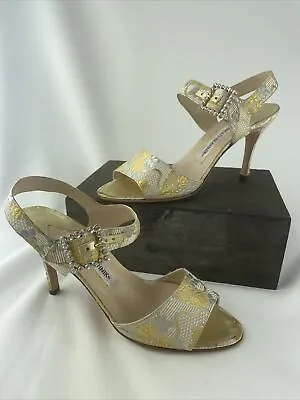 Manolo Blahnik Gold And Silver Brocade Satin Pumps Shoes Heels Sandals Eu 37.5 • $135