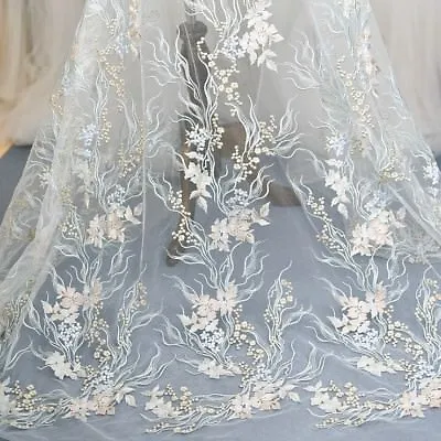 Embroidery Lace Mesh Fabric Trimming DIY Material Floral Wedding Dress Cloth • £17.57
