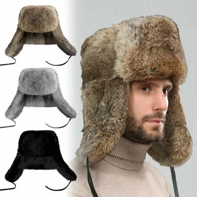 Mens Womens Winter Soft Warm Faux Rabbit Fur Hat Trapper Earflap Ski Cap • £12.69