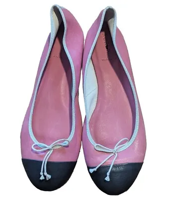 J Crew Cap Toe Soft Leather Bow Ballet Flats Sz 10 Made In Italy Pink Navy Beige • $99.99