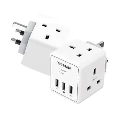 2 Way Cube Extension Plug Adapter With 3 USB Ports UK Wall Power Socket For Home • £16.99