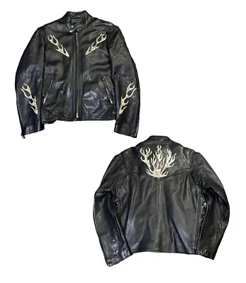 Vintage Black Leather Men’s Size 44 Jacket W Snake Skin Flames Full Zip • $232.45