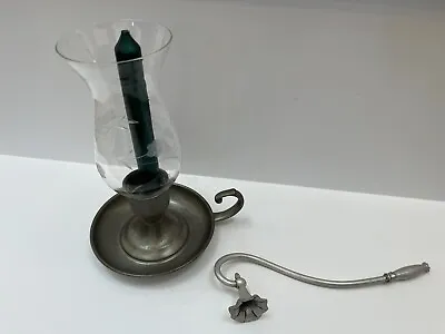 Vintage Preisner Pewter Candle Holder Glass Hurricane & Pewter Candle Snuffer • $15.96