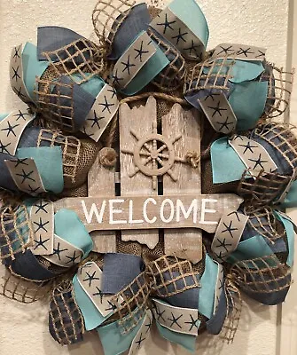 RUSTIC BEACH WELCOME Wreath FARMHOUSE BURLAP Deco Mesh 24 X 24 Coastal STARFISH • $64.95