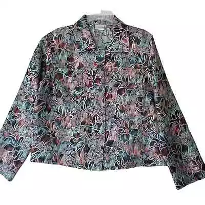 Chico's Blazer Floral Silver Metallic Rayon Silk Blend Cottage Core Size 1 Med • $9.95