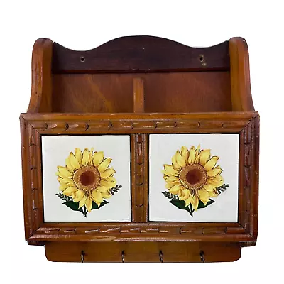 Vintage Wood Mail Sorter Two Slot Sunflower Tiles Four Key Hooks Has Smoke Odor • $17