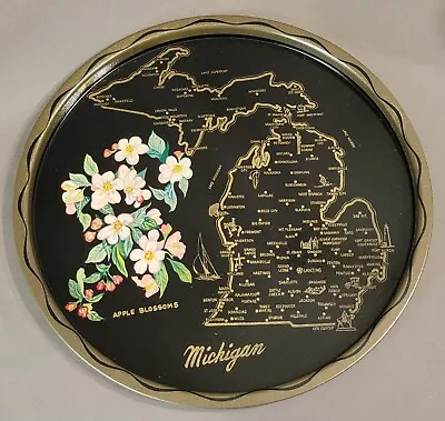 Michigan - State Souvenir Black Metal Tray - About 11  Dia. - Vintage Travel • $11