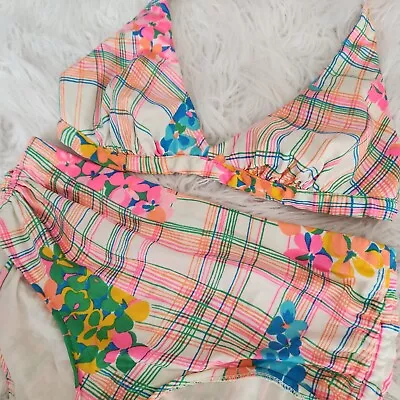 Vintage Catalina Neon 80's Two-piece Swimsuit Bikini Size 10 High Waisted Plaid • $35.90