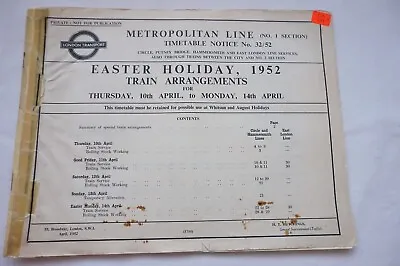 1952 Metropolitan Line Underground Tube Working Railway Timetable Easter • £29.99