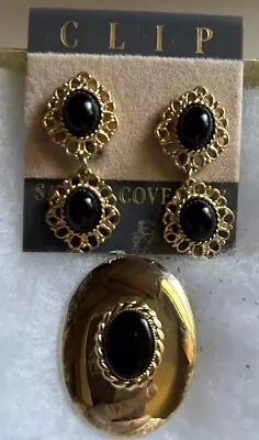 Vtg SARAH COVENTRY Black Cabochon Goldtone Brooch & Earring Married Set EUC • $16.50