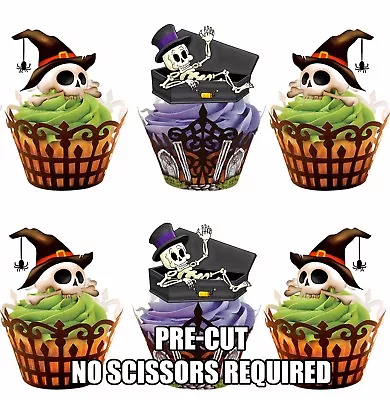 PRE-CUT Halloween Skeletons Skull Edible Cup Cake Toppers Cake Decorations Party • £6.75