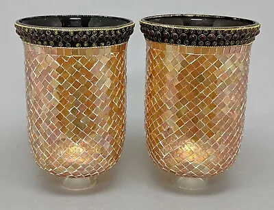 Glass Hurricane Shades Gold Mosaic For Candle Holders  6 Dia X 10 Tall Set/2 • $23.96