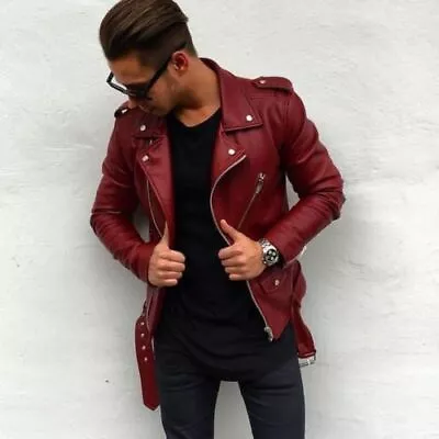 Men's Leather Motorcycle Vintage Jacket Red Slim Fit Biker Leather Jacket • $79.99