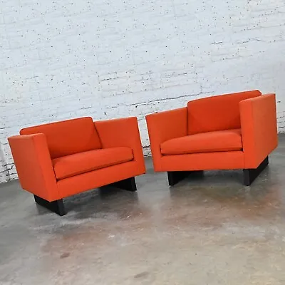 1970’s MCM To Modern Harvey Probber Club Chairs Orange 1571 Tuxedo  Sleigh Bases • $7995