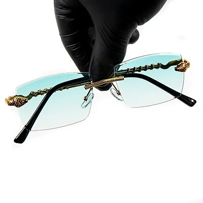 Mens Turquoise Gradient Tint Rimless Gold Frame Hip Hop Sunglasses • $10.99