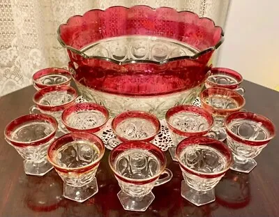 Vintage Tiffin/Indiana Glass Kings Crown Ruby Punch Bowl Set W/ 12 Footed Cups • $140