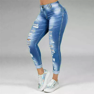 Women Ripped Pencil Pants Jeans High Waist Skinny Casual Slim Trousers Jeggings • £18.59