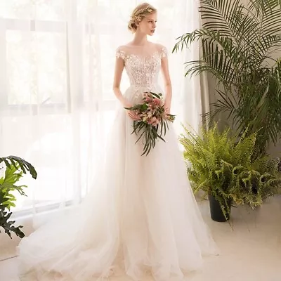 Cap Sleeve Illusion Backless Appliqué Lace Train Wedding  Dress Bridal Gown • $299.99