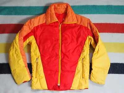 VTG 70s Retro Orange Yellow Red Zip Ski Lodge Winter Casual Puffer Jacket Mens S • $49.95
