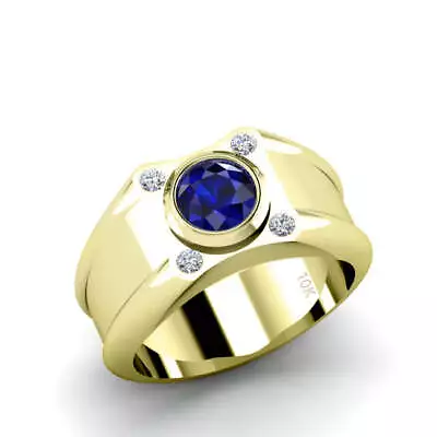 Male Diamond Ring With 1.70ct Blue Sapphire Personalized Solid Gold Wedding Band • $869