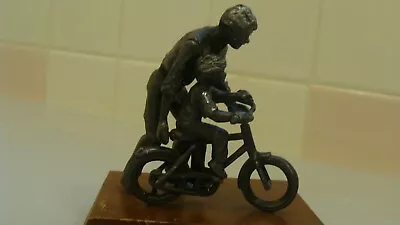 Vintage Metal Figurine Father Teaching Son To Ride Bike Figurine With Wood Base • $19.99