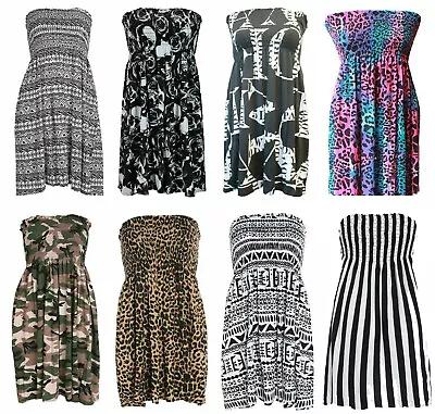 £9.99 • Buy Womans Ladies Summer Sheering Top Boobtube Printed Mini Shirred Dress Size 8-20