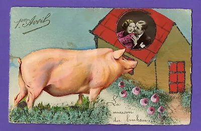 FRANCE April Fools' Day PIG VINTAGE MECHANICAL POSTCARD 104 • $20