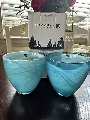 SEA Glasbruk Glass Mostar Sweden  Candle Holder Vase Bowl Candy Blue Set Of 2 • $39