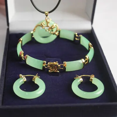 Jade Earrings Bracelet Necklace Pendant 18K Gold Plated Jewelry Set Party Gifts • $40.65