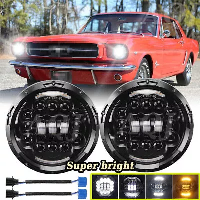 For Ford Mustang 1965-1978 7  INCH Round LED Headlights Halo DRL Angel Eyes Pair • $40.99