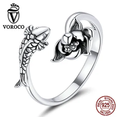 $8.32 • Buy Fashion S925 Sterling Silver Silver Koi & Lotus Finger Rings Women Girls VOROCO