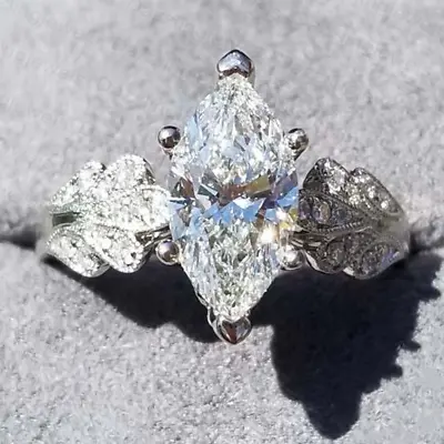 Vintage 1.66 TCW Marquise Moissanite Leaf Floral Engagement Ring 14k White Gold • $617.65