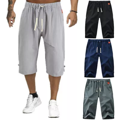 Mens 3/4 Long Length Shorts Elastic Waist Linen Baggy Combat Three Quarter Pants • $14.99