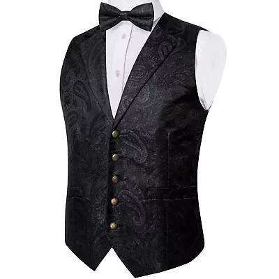 Black Silk Suit Vest Men Bow Tie Cufflinks Wedding Party Formal Waistcoat • $35.24