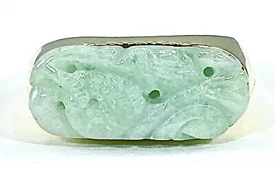 Mens HONG KONG Carved Jade Pinky Ring SOLID 14k Yellow GOLD (VIDEO ) • $688