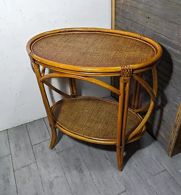 Vintage Asian Boho Chic Coastal Bamboo Wicker Rattan Oval 2-Tier Table • $405