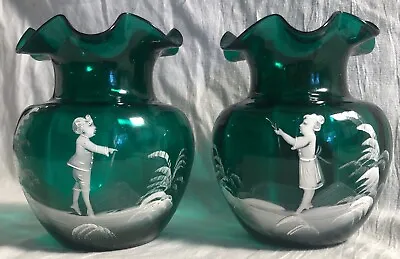 Pair Of Mary Gregory Green Scalloped Rim Vases • $34